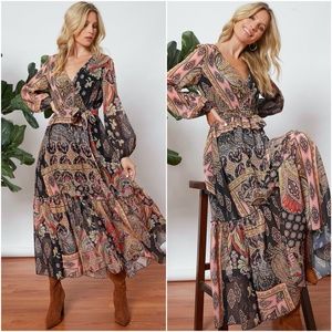 Bohemian paisley print v neck sheer long sleeve maxi dress